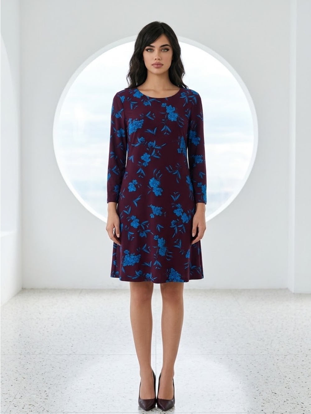 Polo by Ralph Lauren Plum Long-Sleeve Dress with Blue Floral size 16